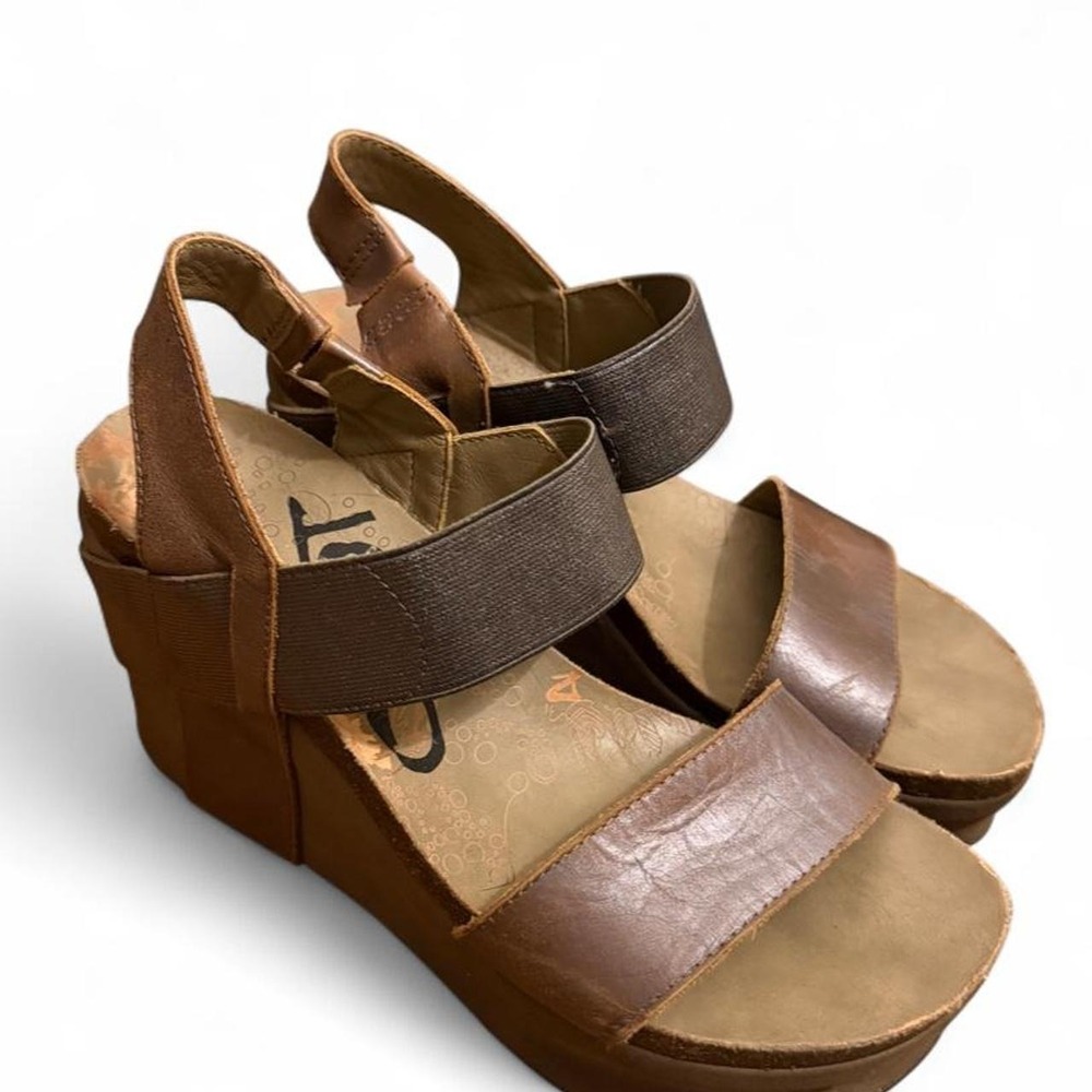 OTBT Bushnell Brown Bronze Leather Platform Wedge Sandals Womens 7.5M